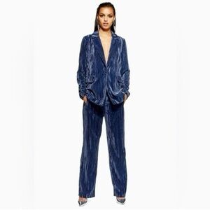 Topshop Crinkled Velvet Suit Matching Blazer & Trousers Wide Leg Blue Size 4